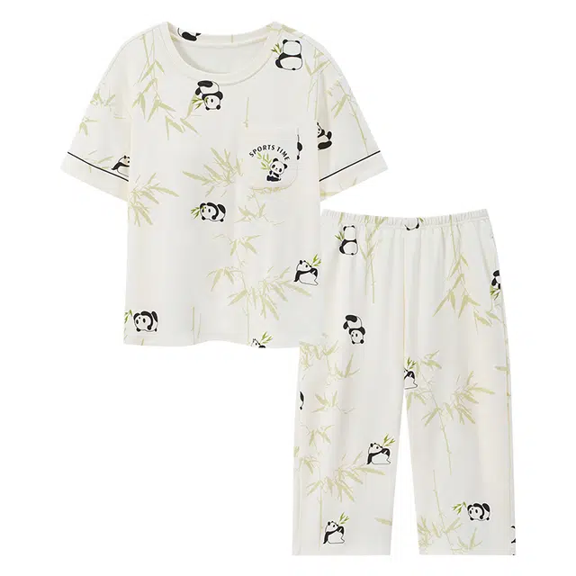 莫代尔 简约大方舒适慵懒圆领套头气质时尚亲肤百搭带胸垫短袖七分裤可外穿夏季睡衣套装 女款 米白色