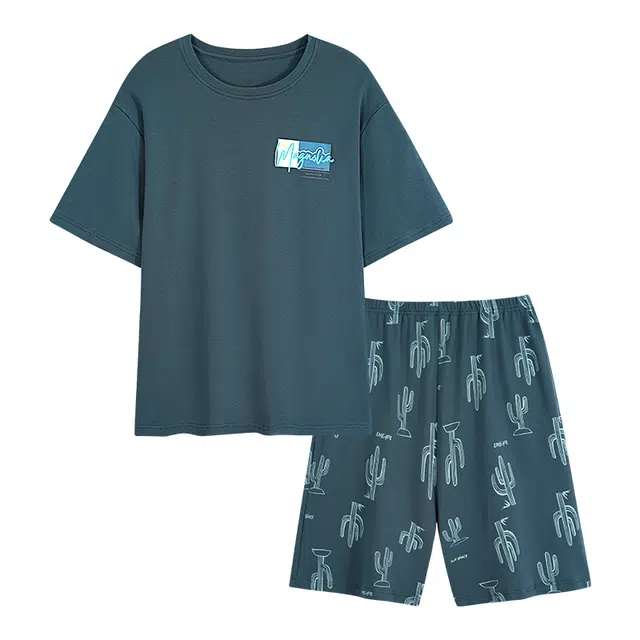 莫代尔 简约休闲透气圆领短袖上衣可外穿家居服五分裤睡衣套装 男款 孔雀绿