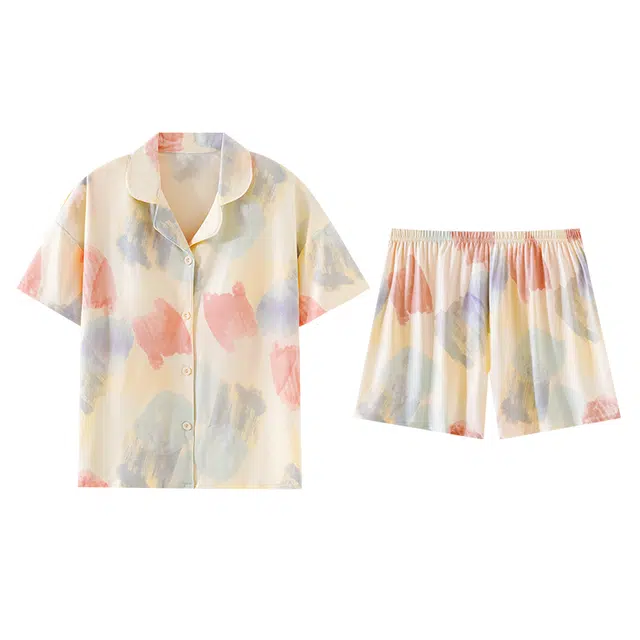 欧诗帛 甜美带胸垫可外穿短袖上衣家居服三分裤睡衣套装 女款 图片色