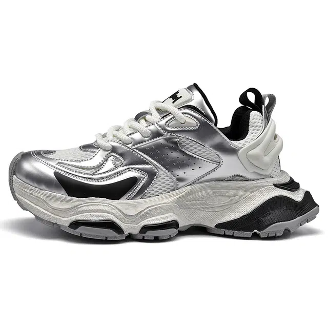 酷丁 网布 复古做旧百搭休闲运动 减震防滑耐磨透气增高 低帮 老爹鞋 男款 银色