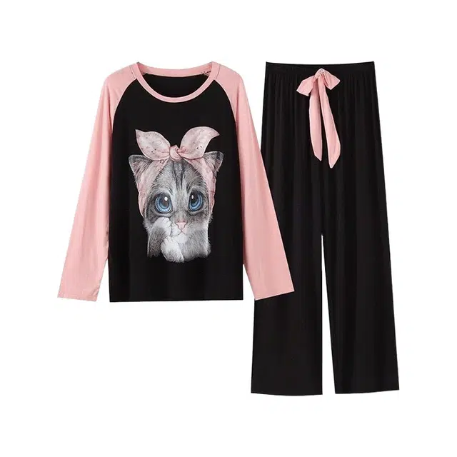 橡柠派 薄款舒适可爱小清新长袖长裤家居服睡衣套装 女款 黑色