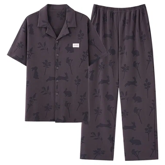 夏芬妍 简约时尚大方柔软舒适兔子花朵翻领家居服亲肤休闲短袖长裤可外穿睡衣套装 男款 棕色