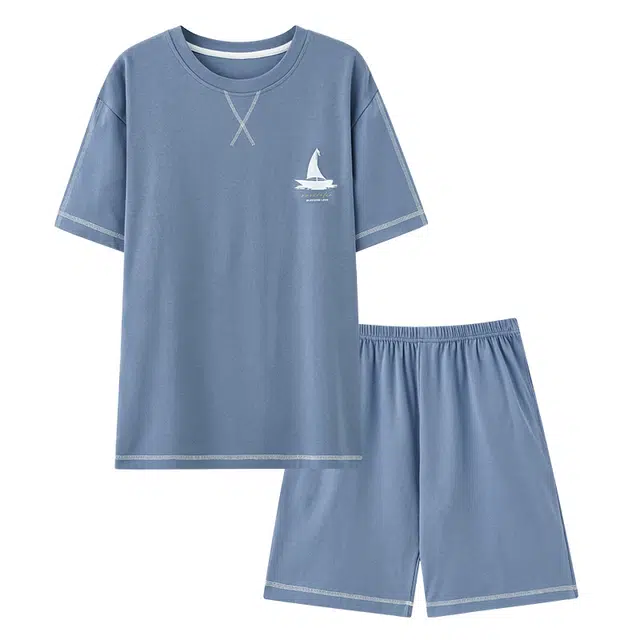 莫代尔 可外穿个性时尚透气圆领套头亲肤微弹舒适柔软休闲短袖夏季睡衣套装 男款 孔雀蓝