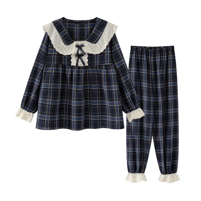 橡柠派 小清新时尚娃娃领长袖家居服睡衣套装 女款 蓝色