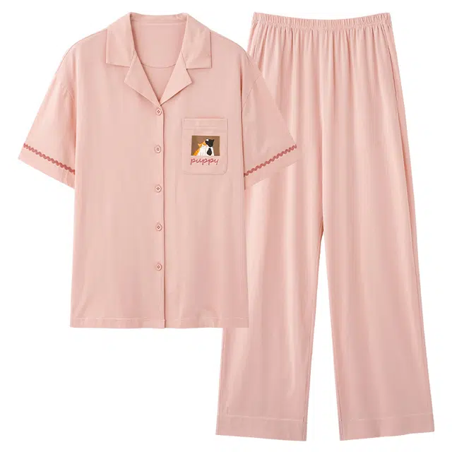夏芬妍 简约时尚柔软舒适纯色可爱猫咪翻领家居服亲肤休闲短袖长裤可外穿睡衣套装 男女同款