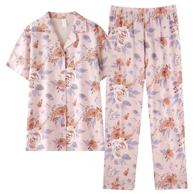 夏芬妍 简约时尚柔软舒适花卉满印翻领家居服亲肤休闲短袖长裤可外穿睡衣套装 女款 粉色
