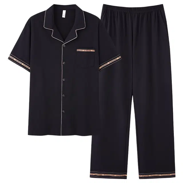 夏芬妍 简约时尚大方柔软舒适纯色字母边翻领家居服亲肤休闲短袖长裤可外穿睡衣套装 男款