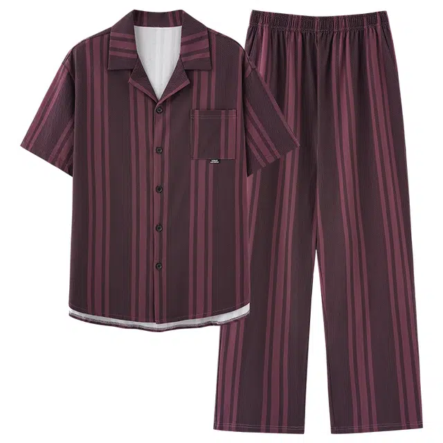 夏芬妍 简约时尚大方柔软舒适条纹翻领家居服亲肤休闲短袖长裤可外穿睡衣套装 男款 砖红色