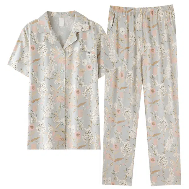 夏芬妍 简约柔软舒适花卉满印翻领短袖上衣家居服亲肤休闲可外穿长裤睡衣套装 女款 灰绿色