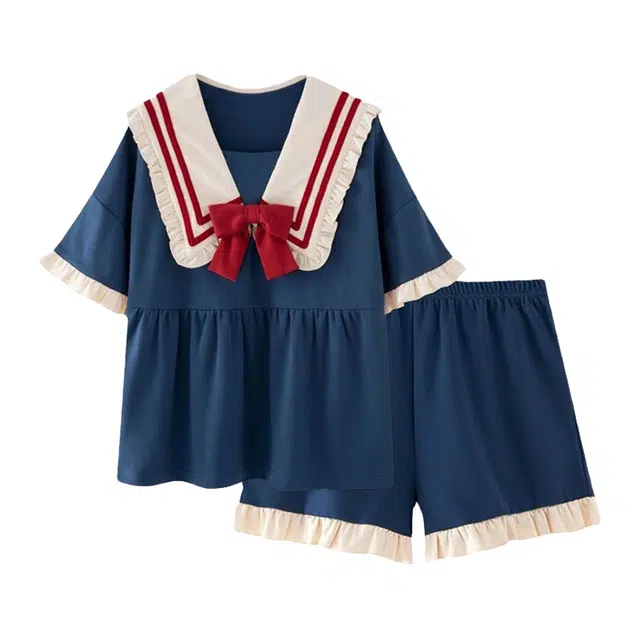 橡柠派 娃娃领超仙小清新甜美舒适时尚学院风甜美可爱短袖三分裤睡衣套装 女款 深蓝色