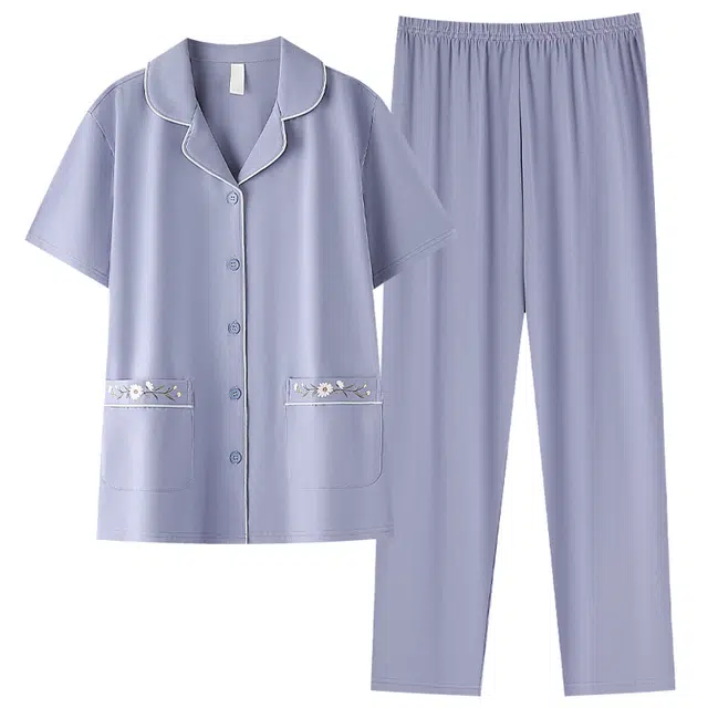 夏芬妍 简约时尚柔软舒适纯色气质绣花翻领家居服亲肤休闲短袖长裤可外穿睡衣套装 女款