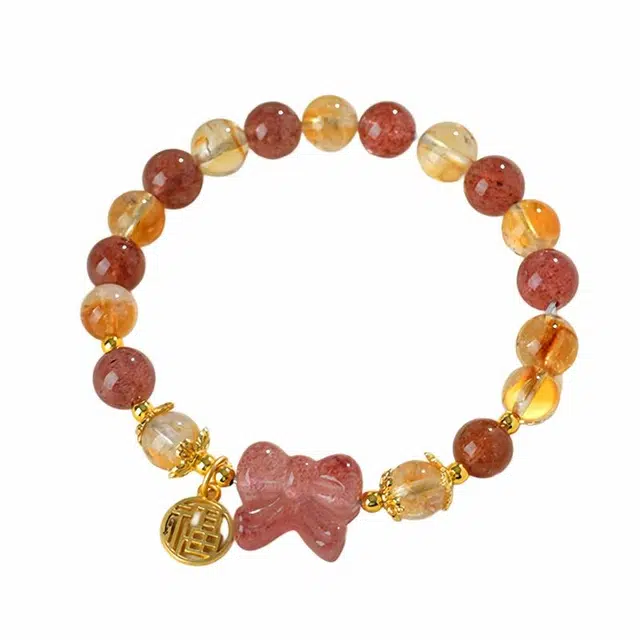 陌阡雪 新中式甜美风 轻奢高级感蝴蝶结#好运 草莓晶 手串 男女同款情侣款