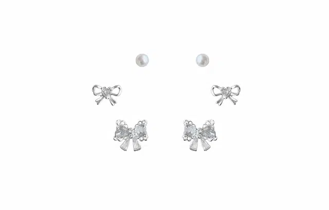 牧言 镂空蝴蝶结套装 冷淡风气质简约小众设计高级感 光面立体闪耀爱心花边在逃公主百搭三件套耳饰 合金 耳钉 女款