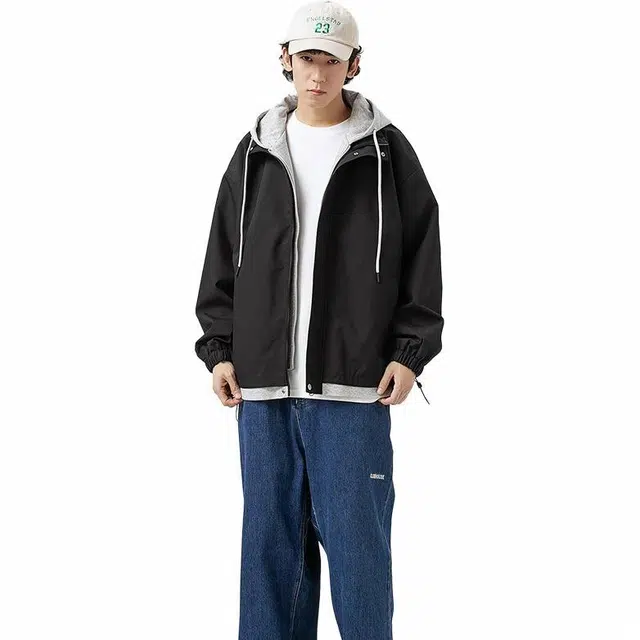 雅鹿 假两件美式复古基础款宽松百搭防水防水通勤学院风休闲连帽教练飞行夹克外套 男女同款