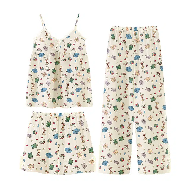 橡柠派 带胸垫可爱小动物设计感吊带居家卡通时尚小清新睡衣套装 女款 米色