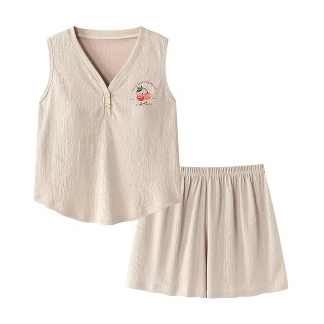 橡柠派 简约设计感甜美小樱桃带胸垫小清新潮流背心家居服睡衣套装 女款 浅卡其