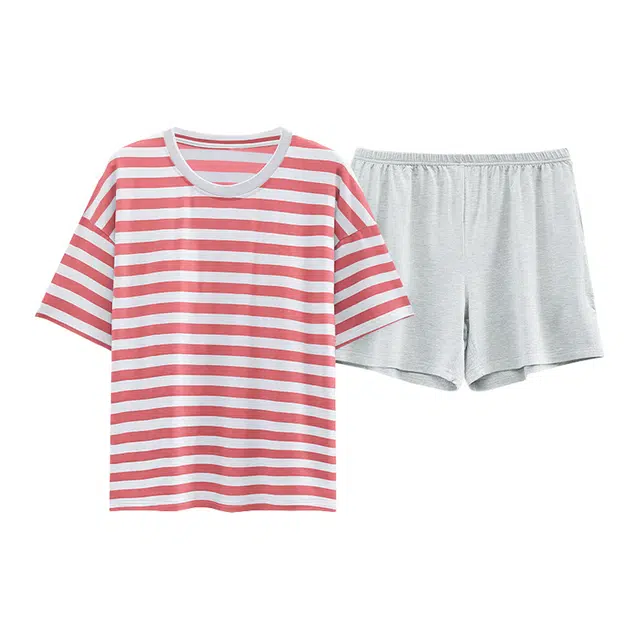 橡柠派 甜美舒适条纹简约圆领薄款短袖家居服睡衣套装 女款 粉色
