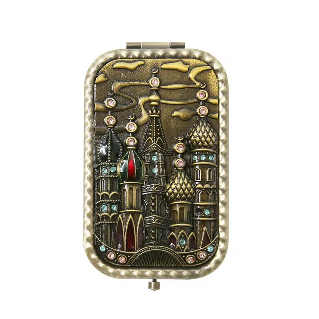 静玲珑 铜长方形双面小镜子创意折叠随身镜子迷你复古便携化妆镜城堡