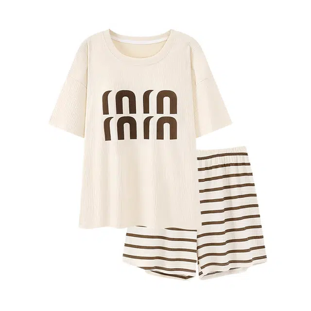 橡柠派 简约舒适短袖时尚气质小清新卡通条纹带胸垫家居服睡衣套装 女款 杏色