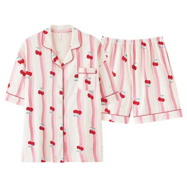 夏芬妍 柔软舒适透气亲肤条纹樱桃翻领家居服休闲凉感短袖时尚可外穿睡衣套装 女款 粉色
