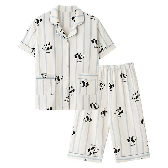 莫代尔 可外穿简约经典清新休闲时尚薄款开衫翻领短袖七分裤带杯垫一体式防凸点家居服睡衣套装 女款 白色