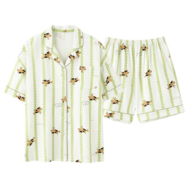 夏芬妍 柔软舒适透气亲肤条纹翻领家居服休闲短袖时尚可外穿睡衣套装 女款 绿色