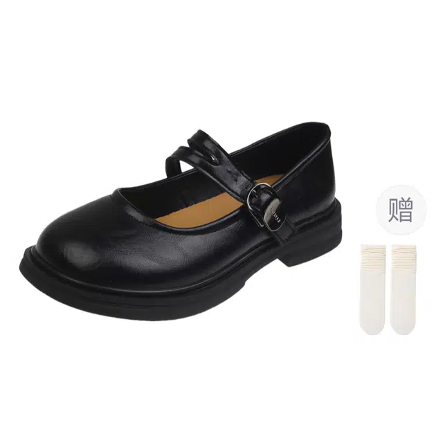 小鹿米利 合成革 复古圆头浅口单鞋英伦风韩版平底 方跟 玛丽珍鞋 女