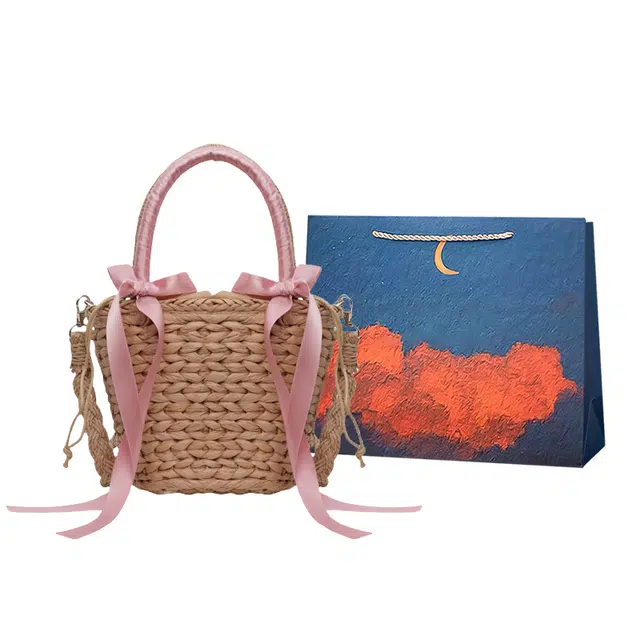 爱尔绅特 甜美菜篮子蝴蝶结设计休闲简约时尚潮流百搭 草编 时间单肩斜挎包 常规 女款 深粉/浅粉/浅蓝色