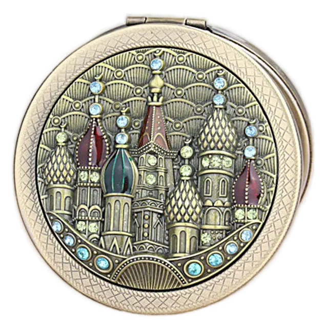 静玲珑 翻盖式小镜子随身带折叠金属化妆镜复古便携式补妆美容双 古铜城堡