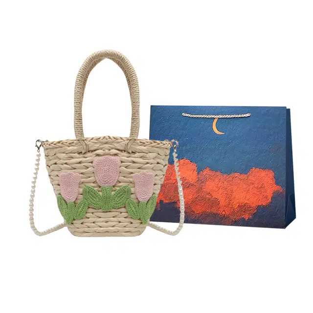 爱尔绅特 小众设计海边度假沙滩珍珠链条 草编 单肩斜挎手提包 女款 米白色/卡其色