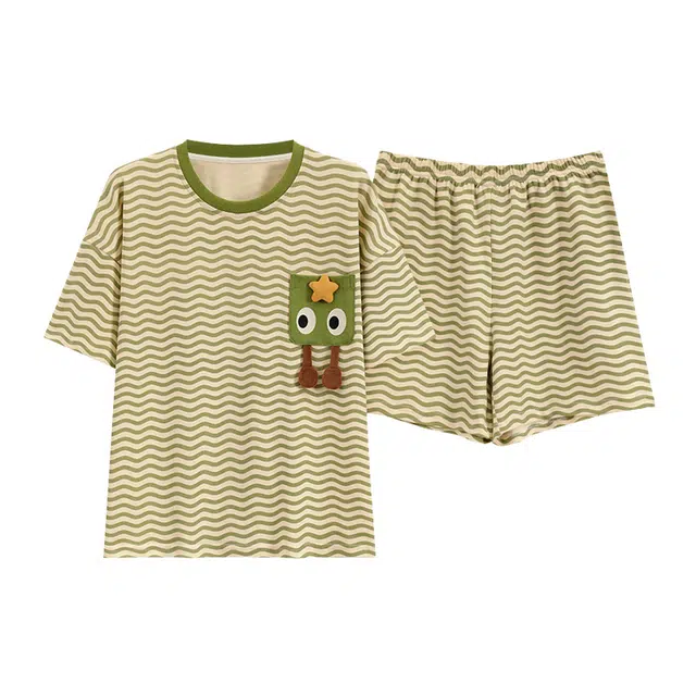 橡柠派 小清新甜美条纹时尚舒适圆领卡通薄款家居服睡衣套装 女款 绿色