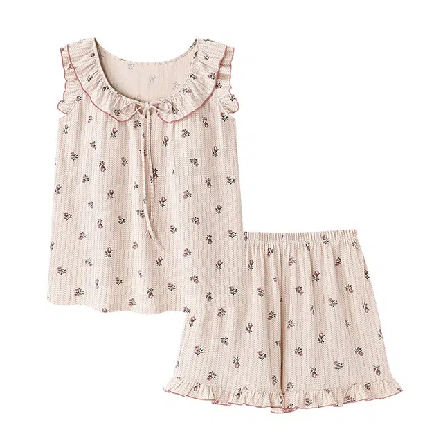 橡柠派 甜美小清新碎花设计感圆领带胸垫无袖小清新家居服睡衣套装 女款 浅卡其