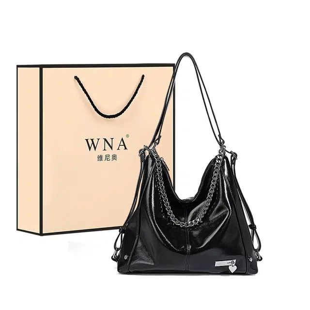 维尼奥 甜酷通勤软皮学院风时尚百搭链条包简约休闲复古慵懒风托特包 合成革 单肩包 常规 女款 黑色/银色