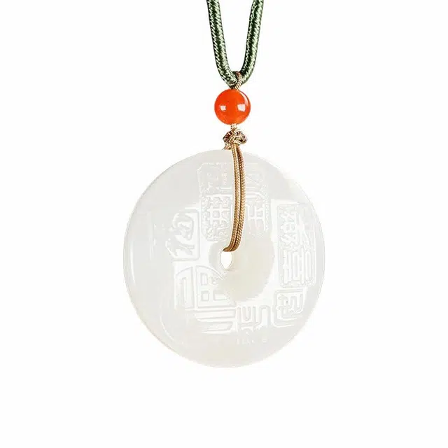 舒杰 孤品 中式双面精雕五福平安扣锁骨链 和田玉项链 白玉/青白玉 男女同款情侣款