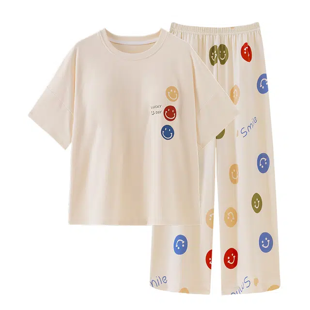 乐姿韵 带胸垫简约笑脸卡通柔软亲肤圆领短袖舒适家居服睡衣套装 女款 杏色