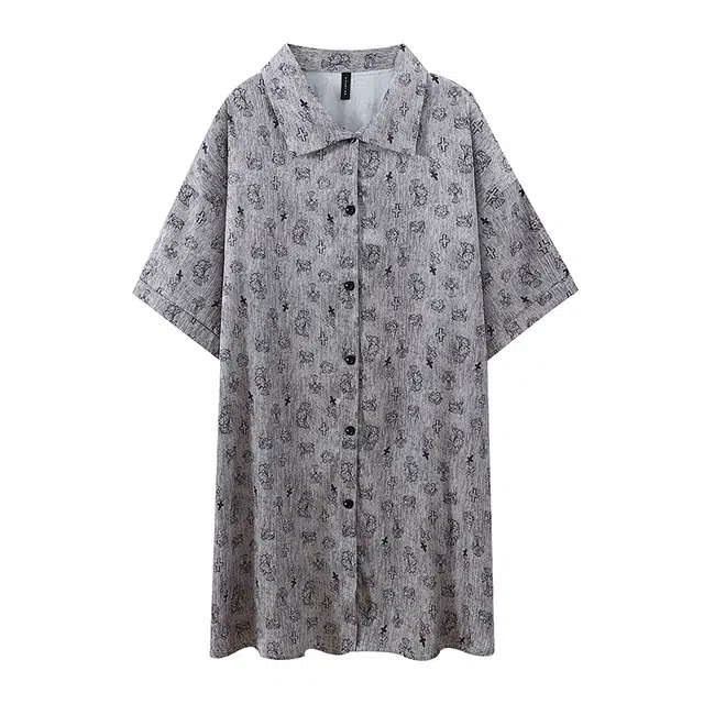 乐姿韵 亲肤柔软冰丝轻奢时尚卡通开衫翻领舒适短袖休闲可外穿家居服睡裙 女款 灰色
