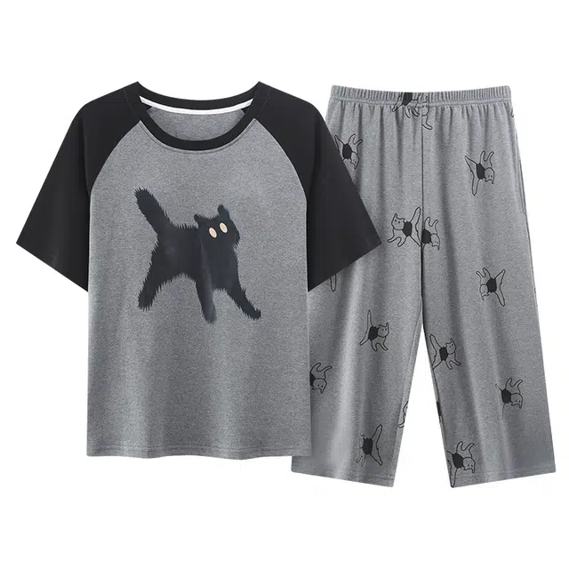 莫代尔 休闲亲肤气质百搭圆领套头时尚柔软细腻轻盈带胸垫短袖七分裤可外穿夏季睡衣套装 女款 黑色