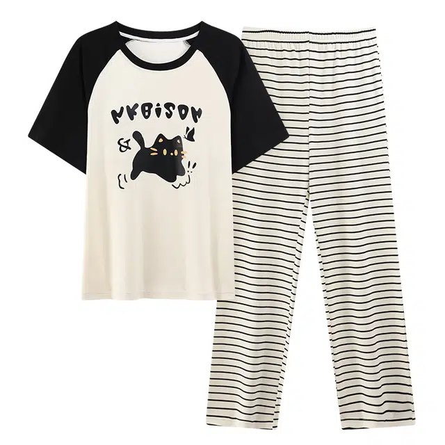 莫代尔 气质休闲简约舒适圆领套头慵懒宽松透气带胸垫短袖长裤可外穿夏季睡衣套装 女款 黑色