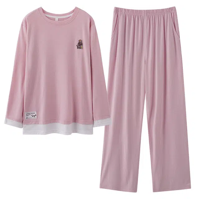 夏芬妍 简约柔软舒适透气亲肤纯色假两件圆领家居服休闲宽松长袖长裤带胸垫可外穿睡衣套装 女款 粉色