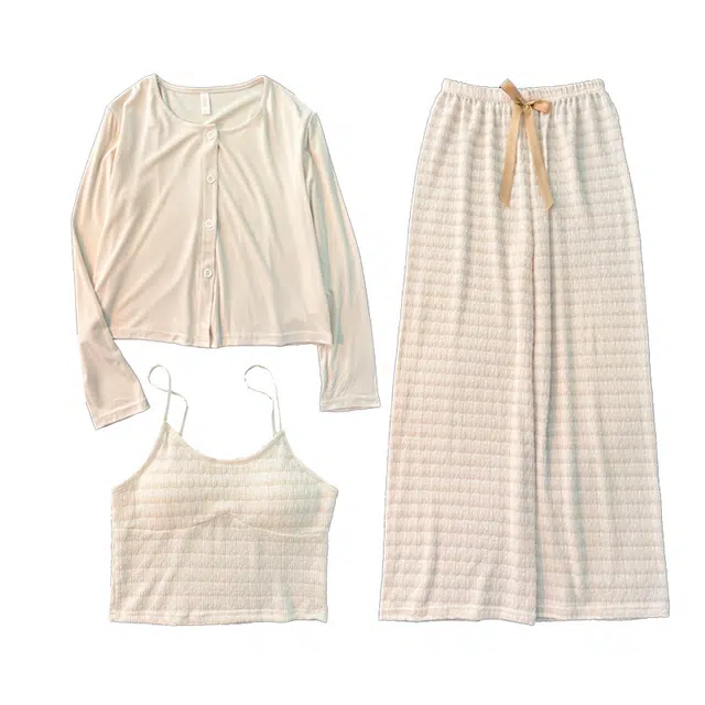 俞兆林 时尚条纹带胸垫高级感舒适大码家居服可外穿睡衣套装 女款 杏色