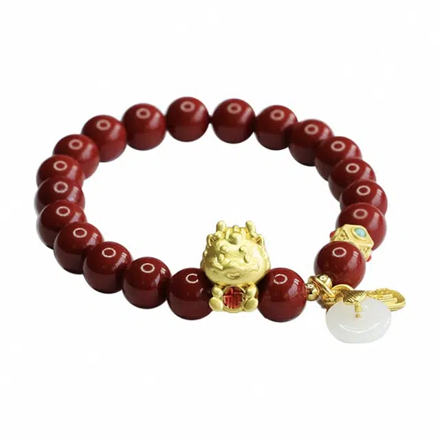 京华录 乙巳蛇年流通代请国潮新中式招财纳福转运珠龙运当头平安喜乐文玩单圈串珠#好运 再造辰砂朱砂 手串 男女同款情侣款