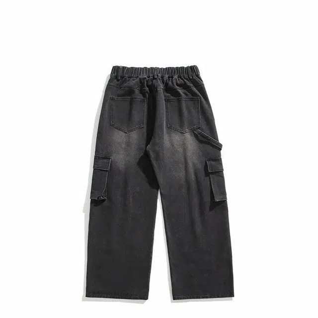 轻迎 工装大口袋宽松美式大码直筒休闲牛仔裤 男款