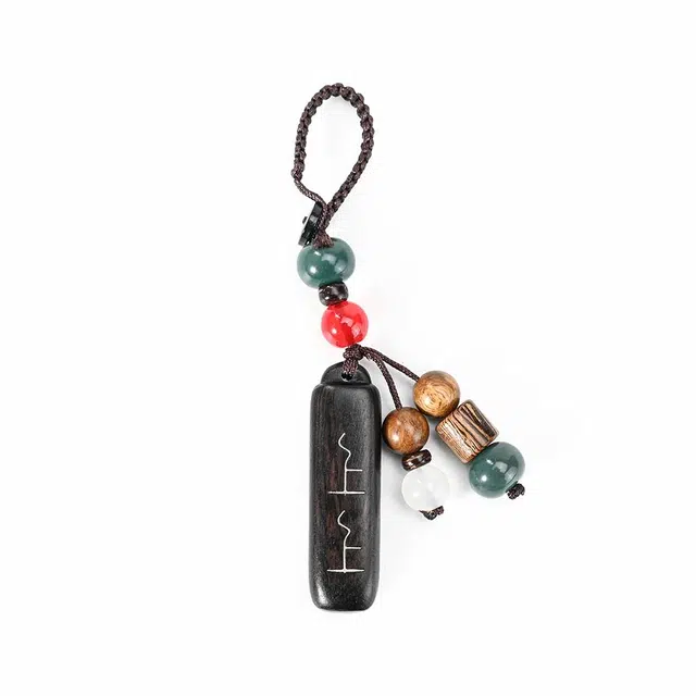 天纵 新中式国风精致好运文玩挂饰 平安喜乐 万事顺遂 实木镶嵌银上上签 手工编绳汽车包包钥匙扣 黑檀 把件 男女同款情侣款