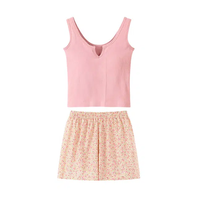 橡柠派 纯欲带胸垫运动无袖吊带碎花小清新甜美家居服睡衣套装 女款 粉色