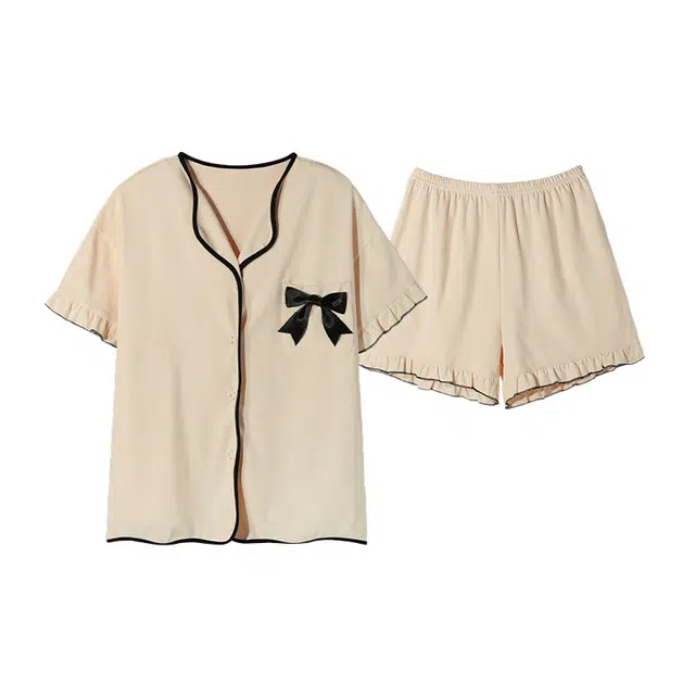 橡柠派 简约时尚甜美蝴蝶结短袖舒适学院风小清新家居服睡衣套装 女款 米白色