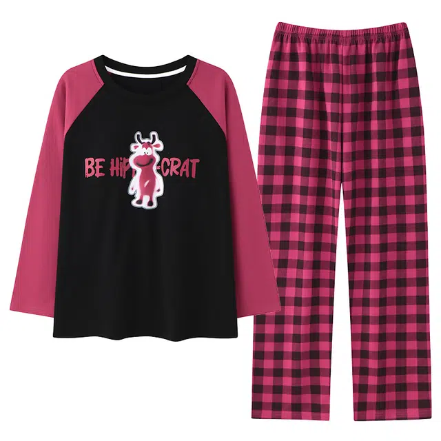 莫代尔 亲肤透气柔软圆领套头舒适宽松百搭带胸垫长袖春秋季睡衣套装 女款 紫红色