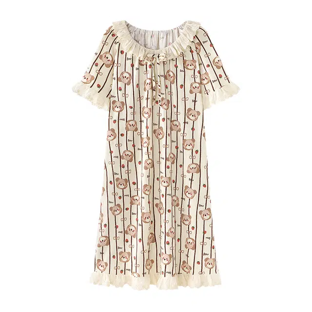 橡柠派 甜美时尚可爱小熊印花舒适短袖透气小清新学院风家居服睡裙 女款 米色