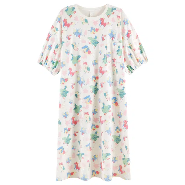 夏芬妍 柔软舒适透气亲肤萌宠油画圆领睡衣家居服休闲宽松凉感短袖时尚可外穿睡裙 女款 杏色