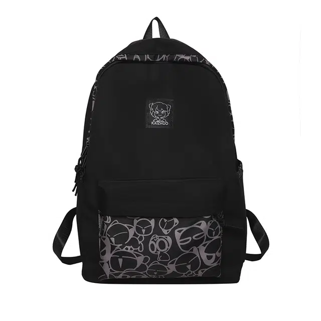 行途 休闲印花学生书包简约书包 尼龙 双肩包 常规 男女同款情侣款 黑色/白色