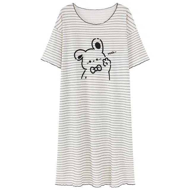 莫代尔 休闲圆领时尚舒适柔软亲肤无束缚家居短袖可外穿睡裙 女款 黑白色